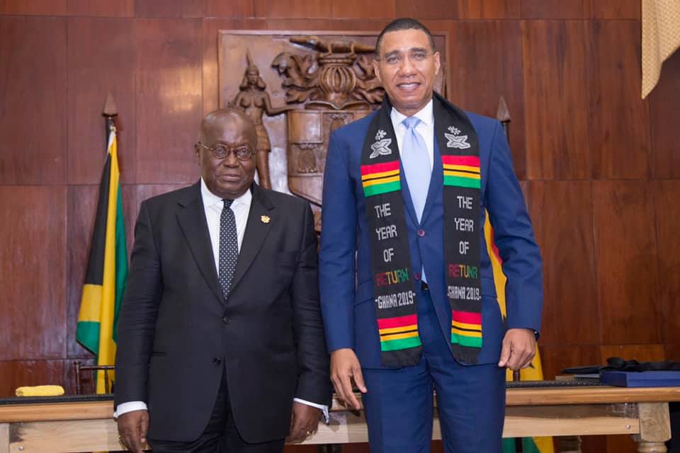 Prime Minister, Andrew Holness (right), and  President of the Republic of Ghana, His Excellency Nana Addo Dankwa Akufo-Addo, during a joint press statement on Saturday (June 15) at Jamaica House. 