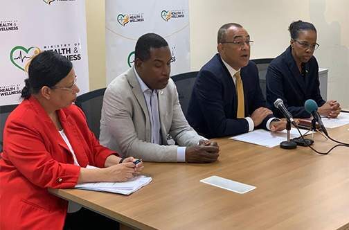 Health Minister Dr Christopher Tufton (center), along with other members from the Jamaican Medial Community address the Press

