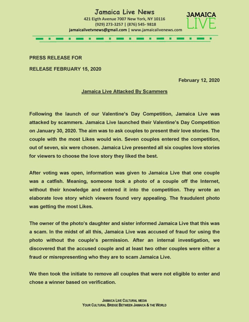 Jamaica Live Attacked By Scammers Press Release