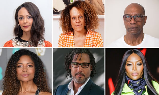 Signatories include (clockwise from top left): Thandie Newton, Bernardine Evaristo, Michael Braithwaite, Naomi Campbell, David Olusoga and Naomie Harris. Composite: Karen Robinson, Getty, Graeme Robertson