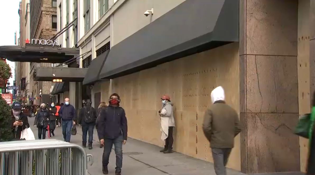 Macy's flagship store in Herald Square boarding up ahead of Election Day