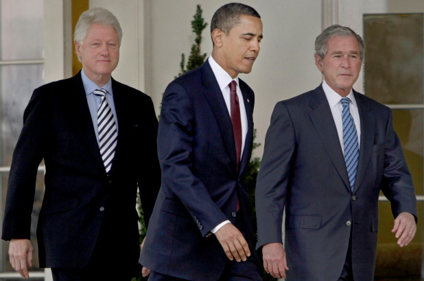 (From left) Former Presidents Bill Clinton, Barack Obama and George W. Bush AP